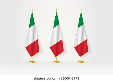 Three Italy flags in a row on a golden stand, illustration of press conference and other meetings. Vector illustration.