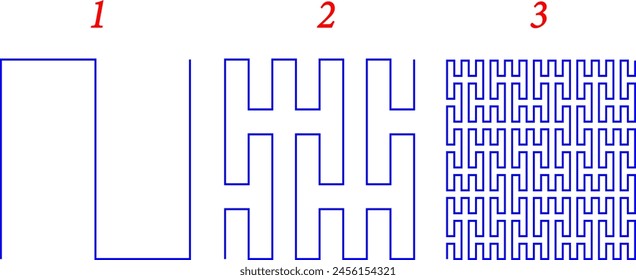 Three iterations of the Peano curve construction.Vector illustration.