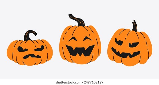 Three Jack-o-lanterns with different expressions isolated on a white background. Halloween vector illustration