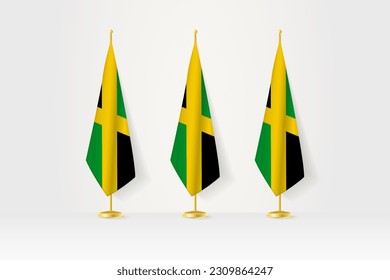 Three Jamaica flags in a row on a golden stand, illustration of press conference and other meetings. Vector illustration.