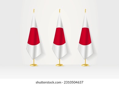 Three Japan flags in a row on a golden stand, illustration of press conference and other meetings. Vector illustration.