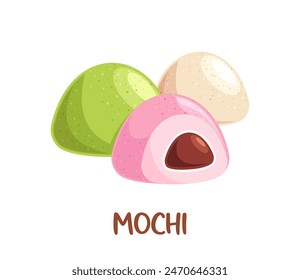 Three Japanese Mochi Desserts, Green, Pink With A Filling And Beige Isolated On White Background, Cartoon Illustration