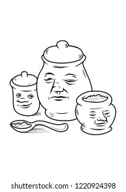 Three jar characters with a spoon in cartoon style. Vector illustration