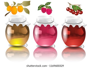 three jars with  jam with apricot, raspberry, cherry jam