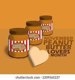 Three jars of peanut butter with bold text and a heart on a brown background to celebrate Peanut Butter Lovers Month on November