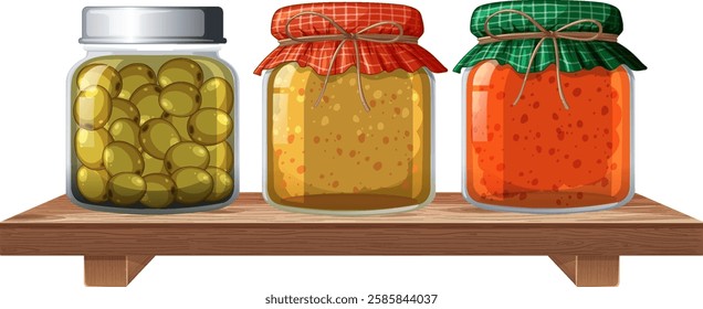 Three jars of preserves on a wooden shelf