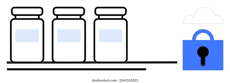 Três frascos ficam em uma prateleira ao lado de uma nuvem e um cadeado, simbolizando o armazenamento digital seguro e a proteção de dados. Ideal para segurança de dados, armazenamento em nuvem, arquivamento digital e proteção de dados