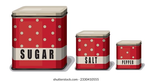 Three jars for spices, for sugar, for salt and pepper, polka dot red metal jars for kitchen in retro style, isolated on white background, vector illustration, eps-10