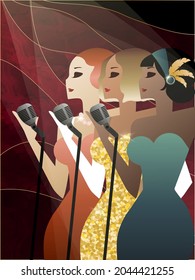 Three Jazz Singers Sing Into Microphones, 1920s, Art Deco