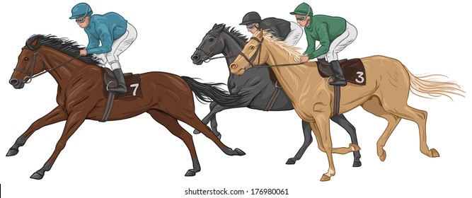 Three jockeys on their horses