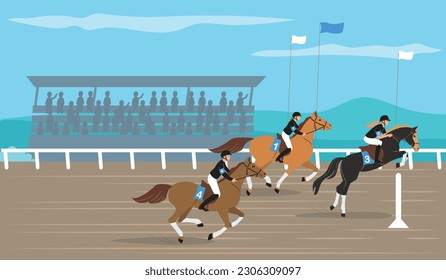 Three jockeys participating in horse race with obstacles flat vector illustration