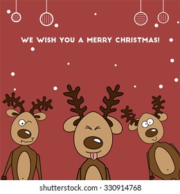 Three Jolly colorful reindeer watching Christmas card pink background. Simple coloredCartoonpostcard deer. We wish merry Christmas happy new year