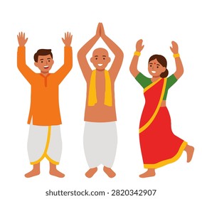 Three joyful devotees dancing and raising their hands during Rath Yatra celebration.