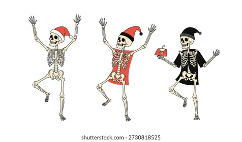 Three joyful human skeletons dancing in festive holiday outfits including a Santa hat, a red shirt, and a black sweater for Christmas fun.