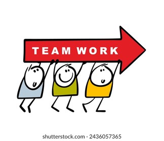 Three joyful people are carrying a huge red arrow with an inscription. Vector concept, illustration of teamwork in business and creativity. Colleagues and friends. Isolated men on white background.
