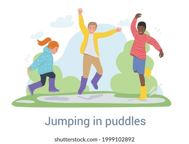 Three joyful young kids in gumboots playing together jumping in puddles outdoors in the park after rain, colored flat cartoon vector illustration with text
