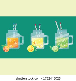 Three jugs of cold fruit juice on a summer day