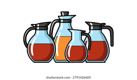 Three jugs with different liquids inside