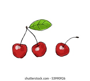 three juicy cherries on white background