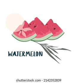 Three juicy slices of fresh bright red watermelon with seeds