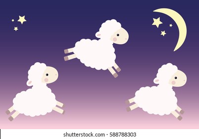 Three jumping lambs in the night sky with stars and moon. Vector illustration