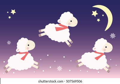 three jumping lambs in scarfs in winter night vector 