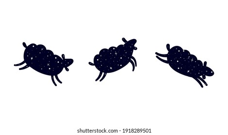 Three jumping sheep. Dark silhouette of a sheep. Sheep in a pattern of shining stars. Flat vector illustration isolated on a white background. 