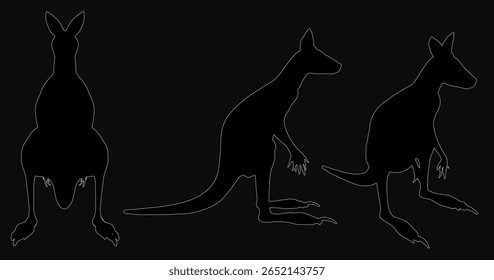 Três cangurus estão em uma silhueta impressionante contra um fundo preto sólido, enfatizando suas formas distintas. A composição de alto contraste realça suas poderosas pernas e caudas longas.
