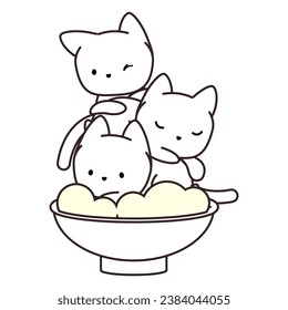 Three kawaii cats in a bowl coloring page