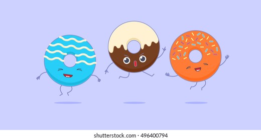Three kawaii donuts jumping and having fun.