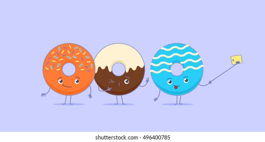 Three kawaii donuts taking a picture using selfie stick and mobile phone.