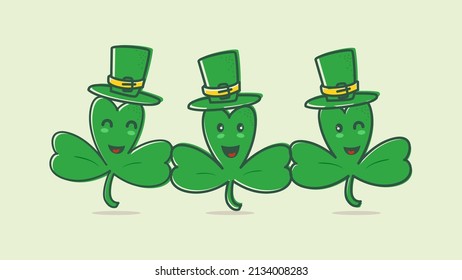 three kawaii shamrock leaf cartoon character wear hat vector illustration