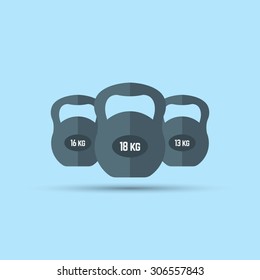 three kettlebells, vector flat element on blue background, fitness and healthy lifestyle