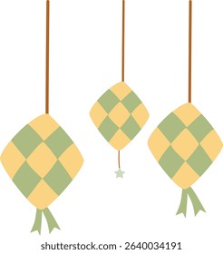 Three ketupat shapes hanging in a row, suitable for Islamic festive decorations, Eid greeting vectors, or cultural Ramadan icons and patterns.

