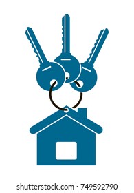 three keys from the apartment with a keychain in the form of a house isolated