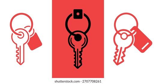 Tres llaves con etiquetas rojas en llaveros, presentadas en un diseño gráfico y minimalista