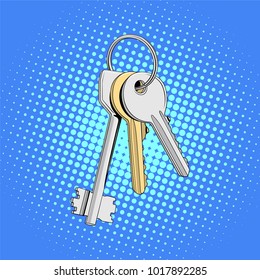 Three keys in single bunch. Bunch of keys. Vector illustration in pop art style