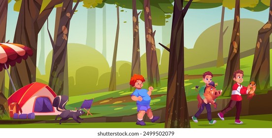 Three kid boys carry wild animals from camp tent in forest on summer sunny day. Cartoon vector landscape of spring forest or park with green trees, campsite and teenagers rest, boar, hare and skunk.