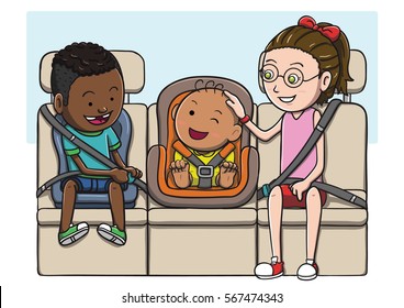 Three kids in the backseat using safety belt   child seat 
