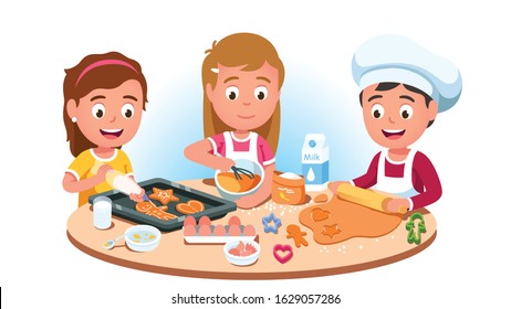 Three kids baking cookies. Mixing flour, eggs, milk, making & flattening dough, decorating bakery with cream on baking sheet. Boy in chef hat, girl in apron cooking. Flat vector character illustration