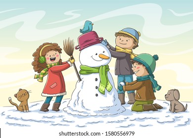 Three Kids Build A Snowman. Hand Drawn Vector Illustration With Separate Layers.