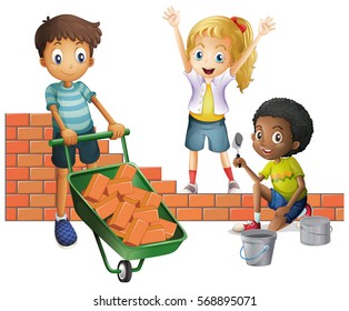 Three kids building brick wall illustration