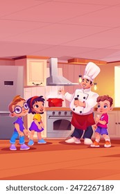 Drei Kinder kamen, um eine Frage zu stellen oder Meisterkurs zu nehmen, um in der Küche des Restaurants oder Cafés zu kochen. Cartoon-Vektorillustration von Kind Jungen und Mädchen mit professionellem Kocher in weißer Uniform auf Küche.