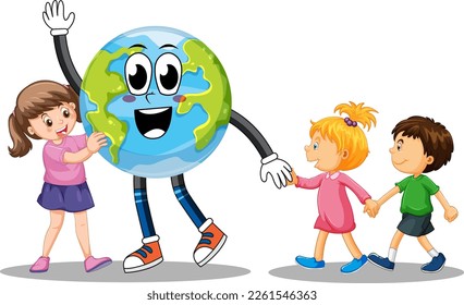 Three kids with cartoon earth globe illustration