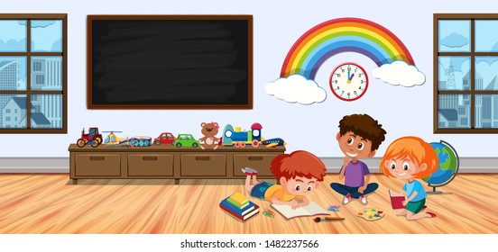 Three Kids In Children Room Playing Illustration