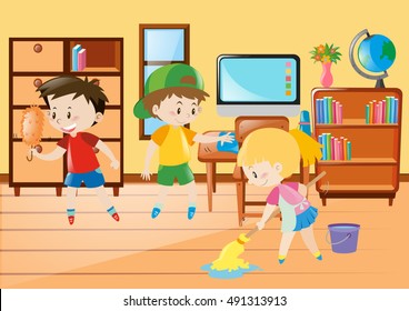 Three Kids Cleaning Classroom Illustration