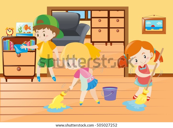 Three Kids Cleaning House Illustration Stock Vector (Royalty Free ...