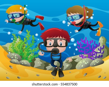 Three kids diving under the ocean illustration