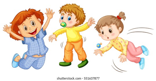Tres niños haciendo diferentes actividades ilustrativas