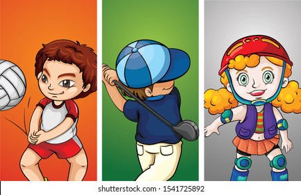 Three kids doing different sports illustration